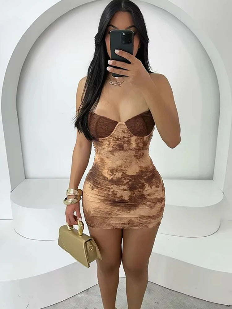 Backless Patchwork Dress Spaghetti Strap Sleeveless Lace Print Midnight Mini Bodycon