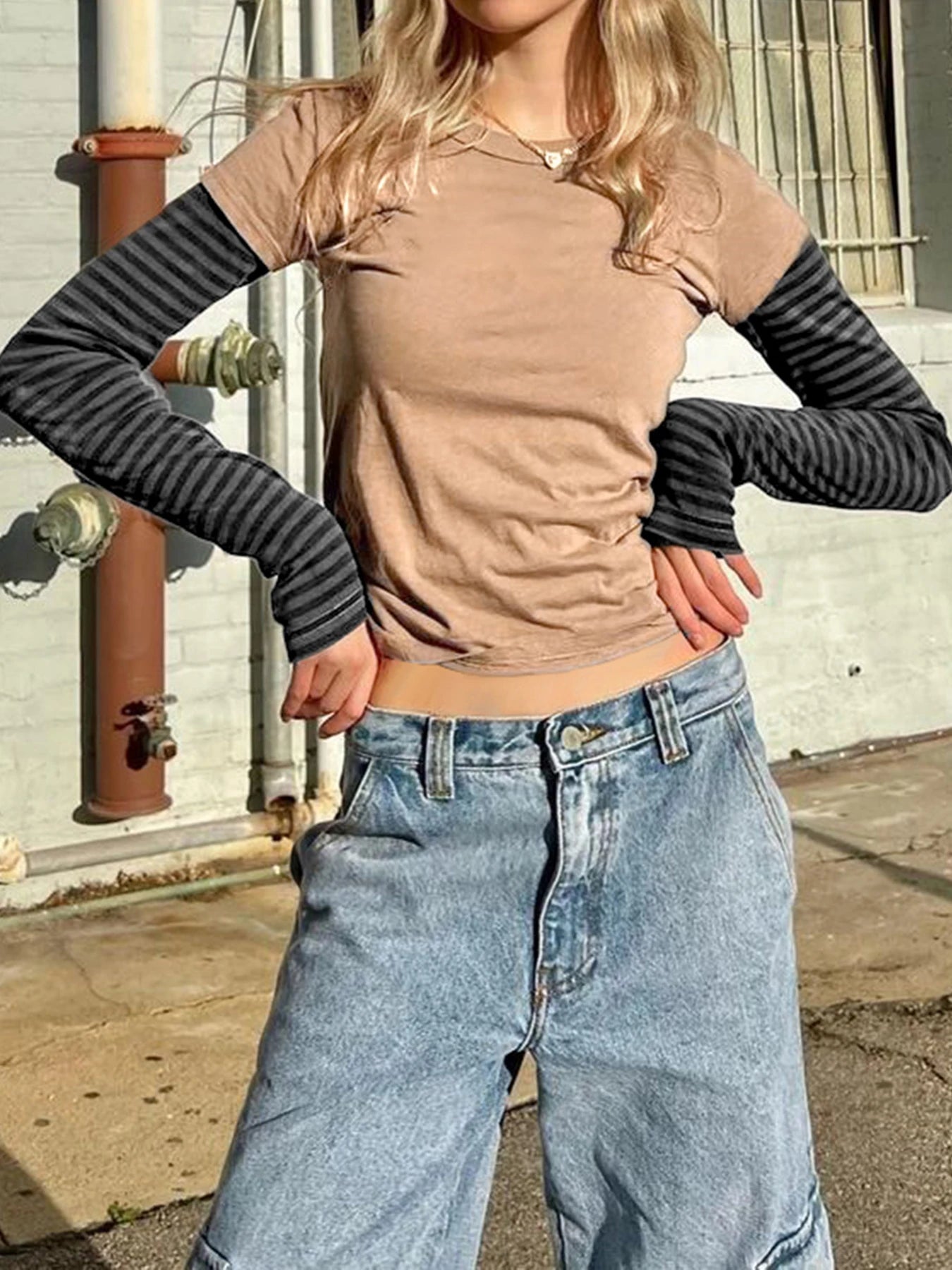 Patchwork Tshirts Crewneck Striped Top Tee