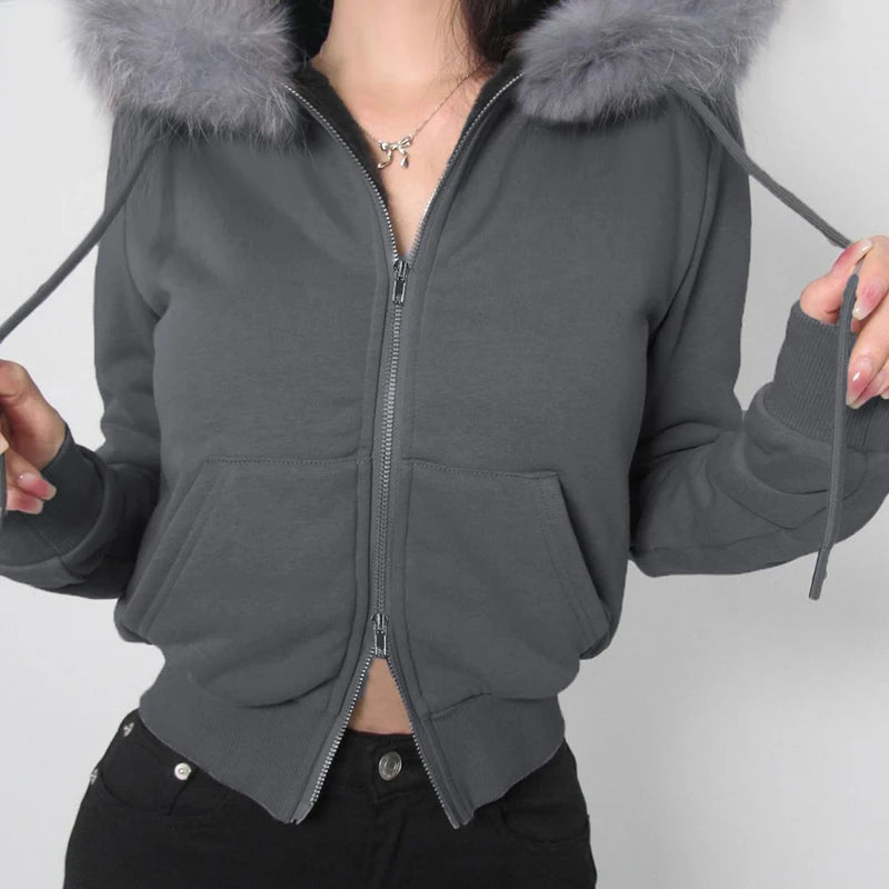 Zip Up Crop Hoodie Coats Camouflage 's Jackets Pockets Fur Neck