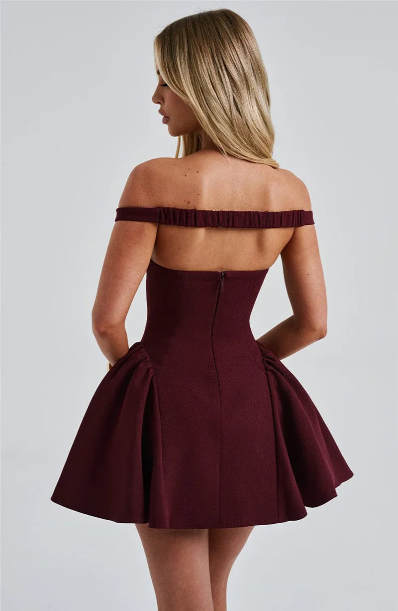 Off-shoulder Backless Mini Dress Wine Red Sleeveless Strapless High Waist A-line Dress
