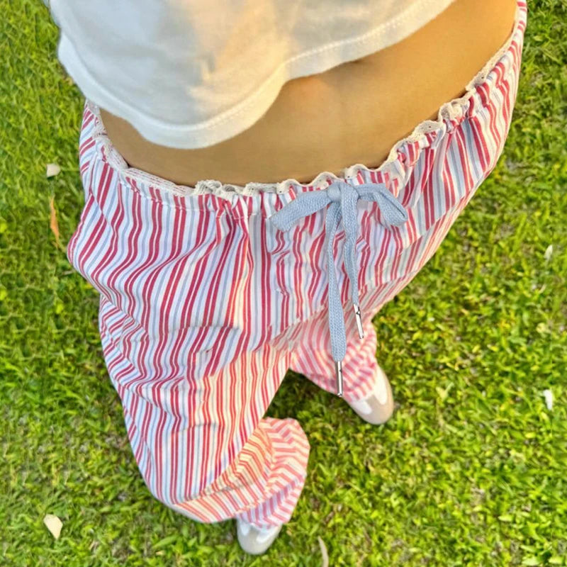 Striped Print Trousers Wide Leg Pants Lace Patchwork Japanese Bottom