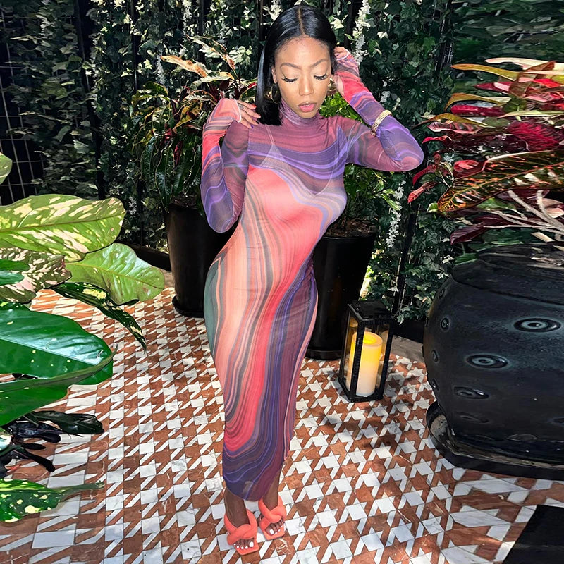 Multi- Long Sleeve Tight Slim Dress Meh See Through Collar Rainbow Dress