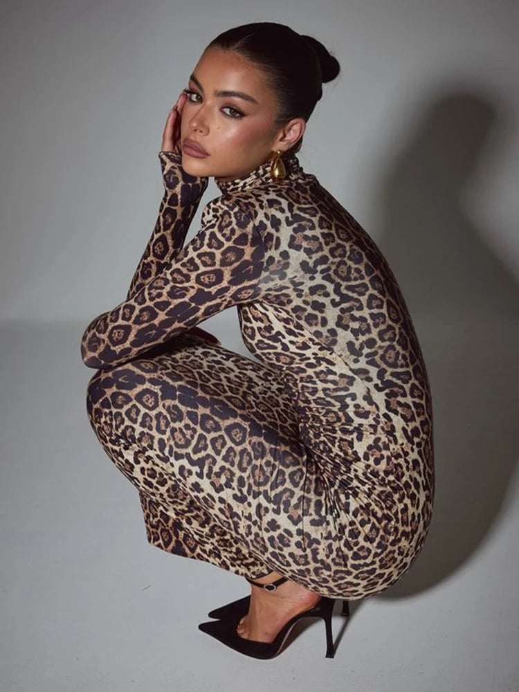 Leopard Long Sleeve Maxi Dress Turtleneck ed Bodycon Long Dress
