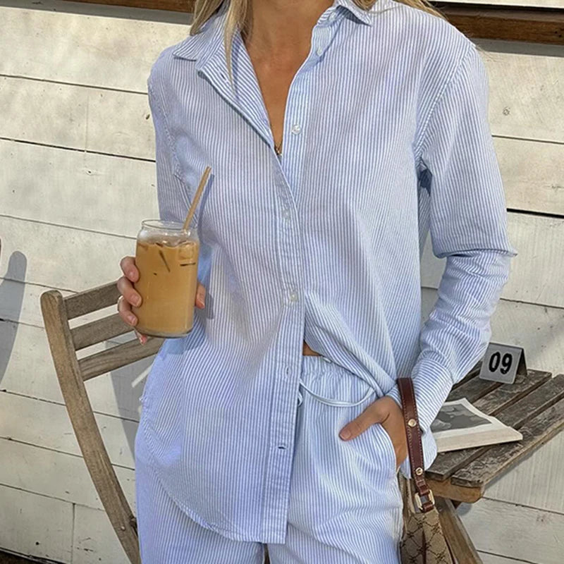 Loose Blouses Striped Print Turn-down Neck Shirts Button Up