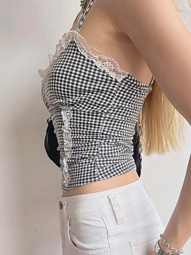 Plaid Patchwork Lace Trim Top