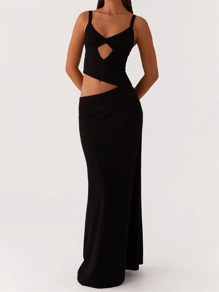 Dress Sleeveless Strap V-neck Backless Waist Front Hollow Out Dress Cocktail