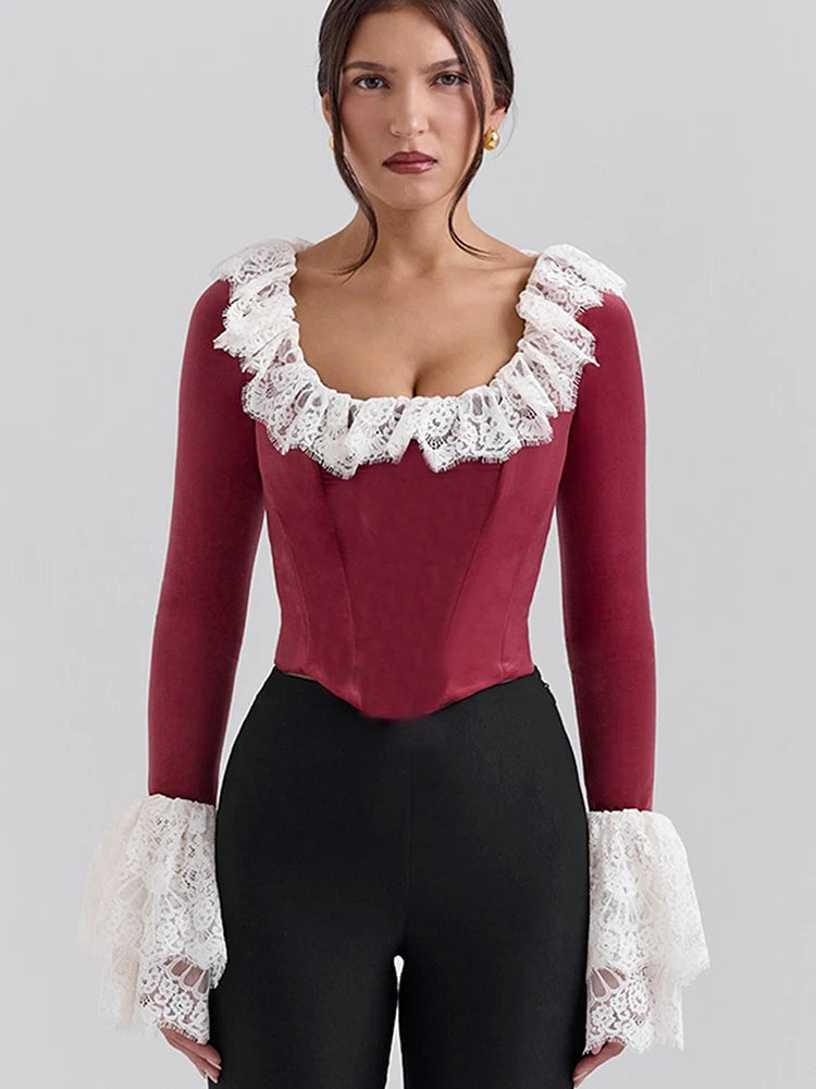 Square Collar Lace T-shirt Patchwork Flare Sleeve Short Tops Femme Slim French Street