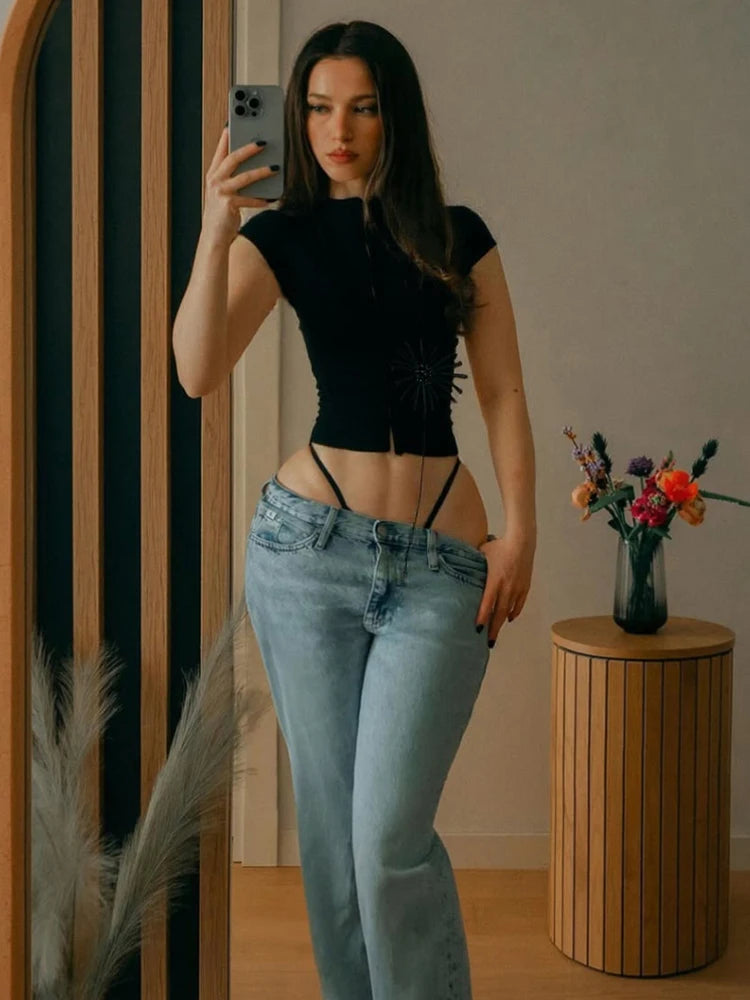 Tassel Applique Crop Top Single-Breasted Half-High Neck Tassel Midnight tie Versatile T-Shirt