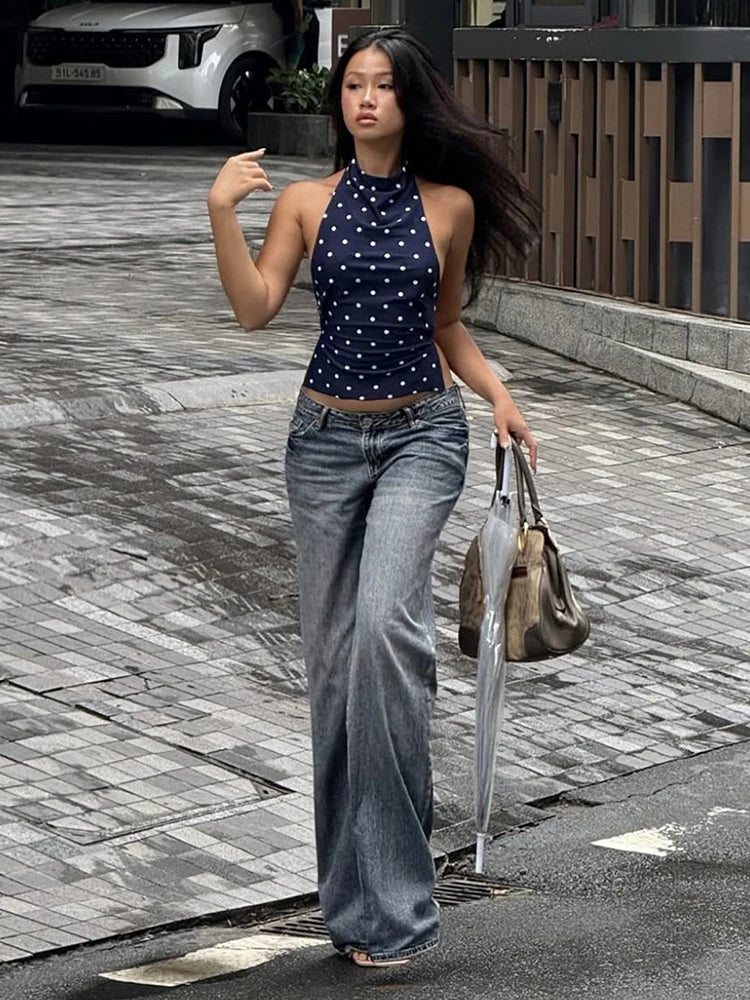 Polka Dot Backless Halter Tank Top