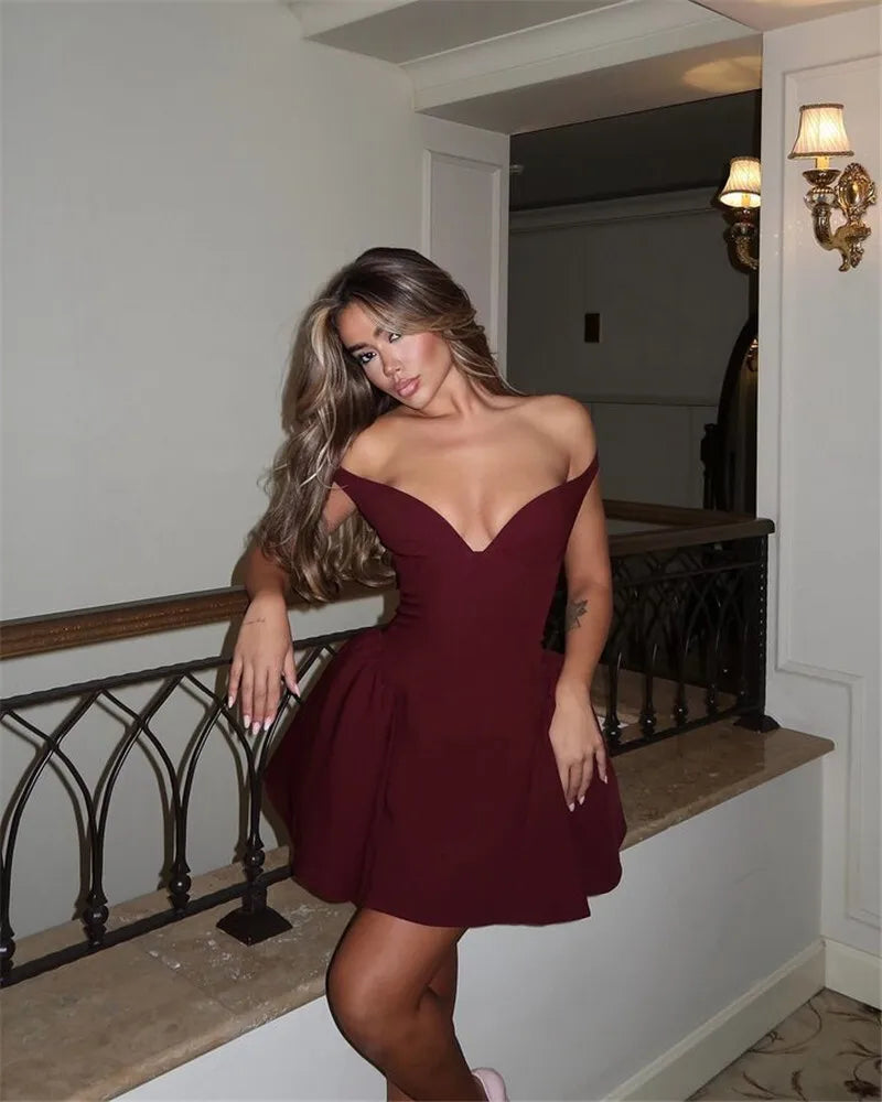 Off-shoulder Backless Mini Dress Wine Red Sleeveless Strapless High Waist A-line Dress