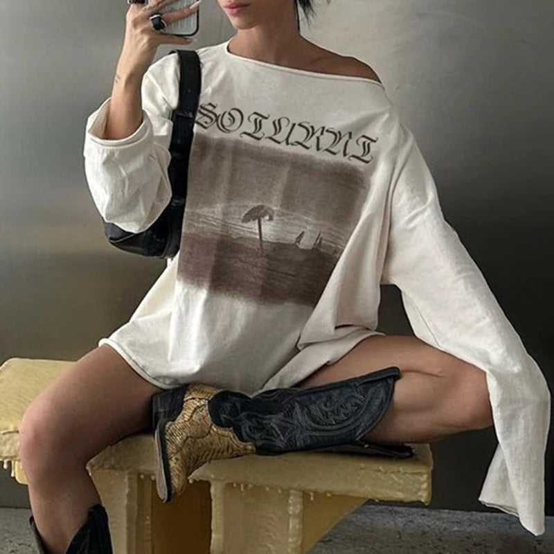 Graphic Print Oversized Sweatshirts Crewneck Loose