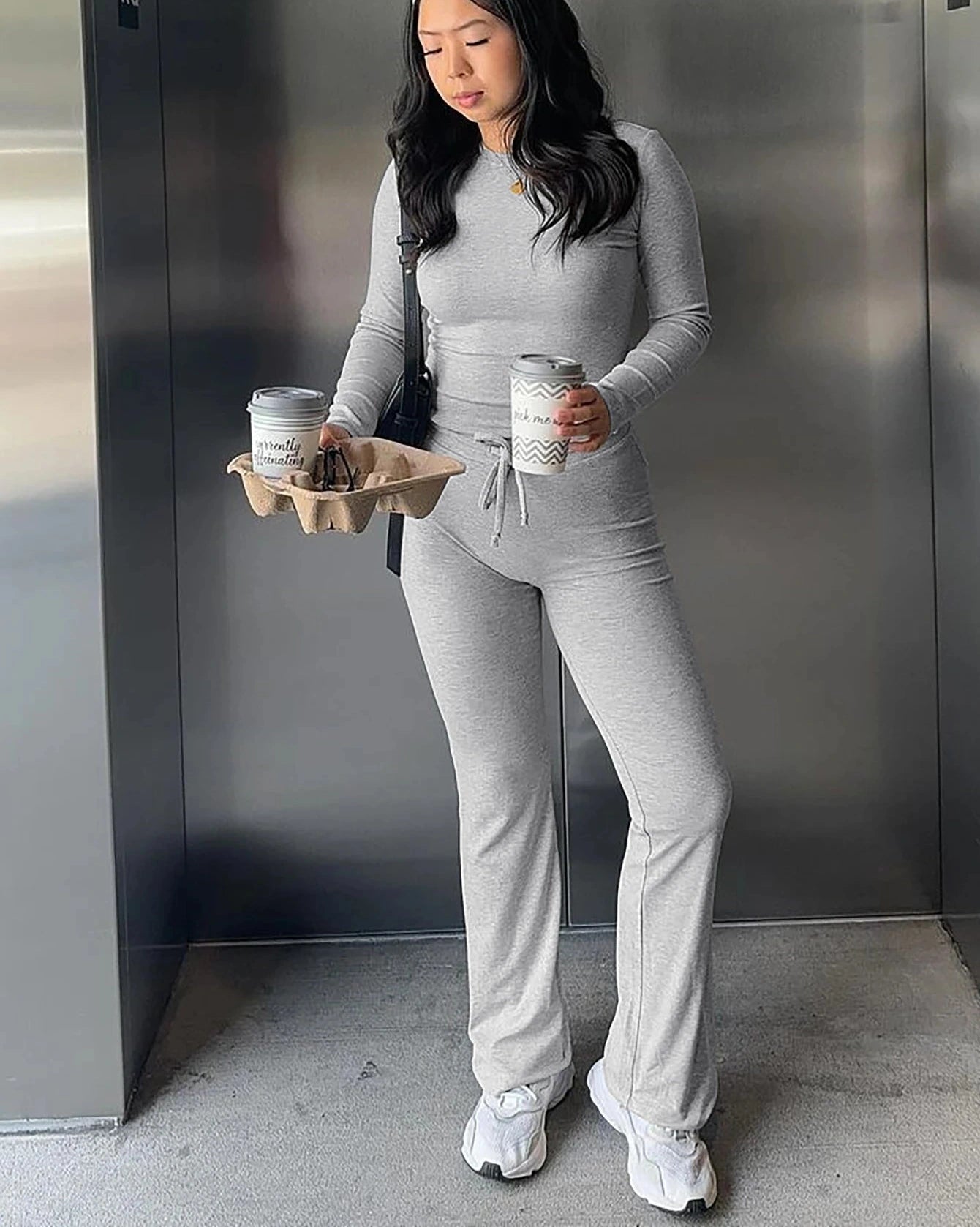 Long Sleeves Bodycon Crop Top And Drawstring Flare Pants Matching Set