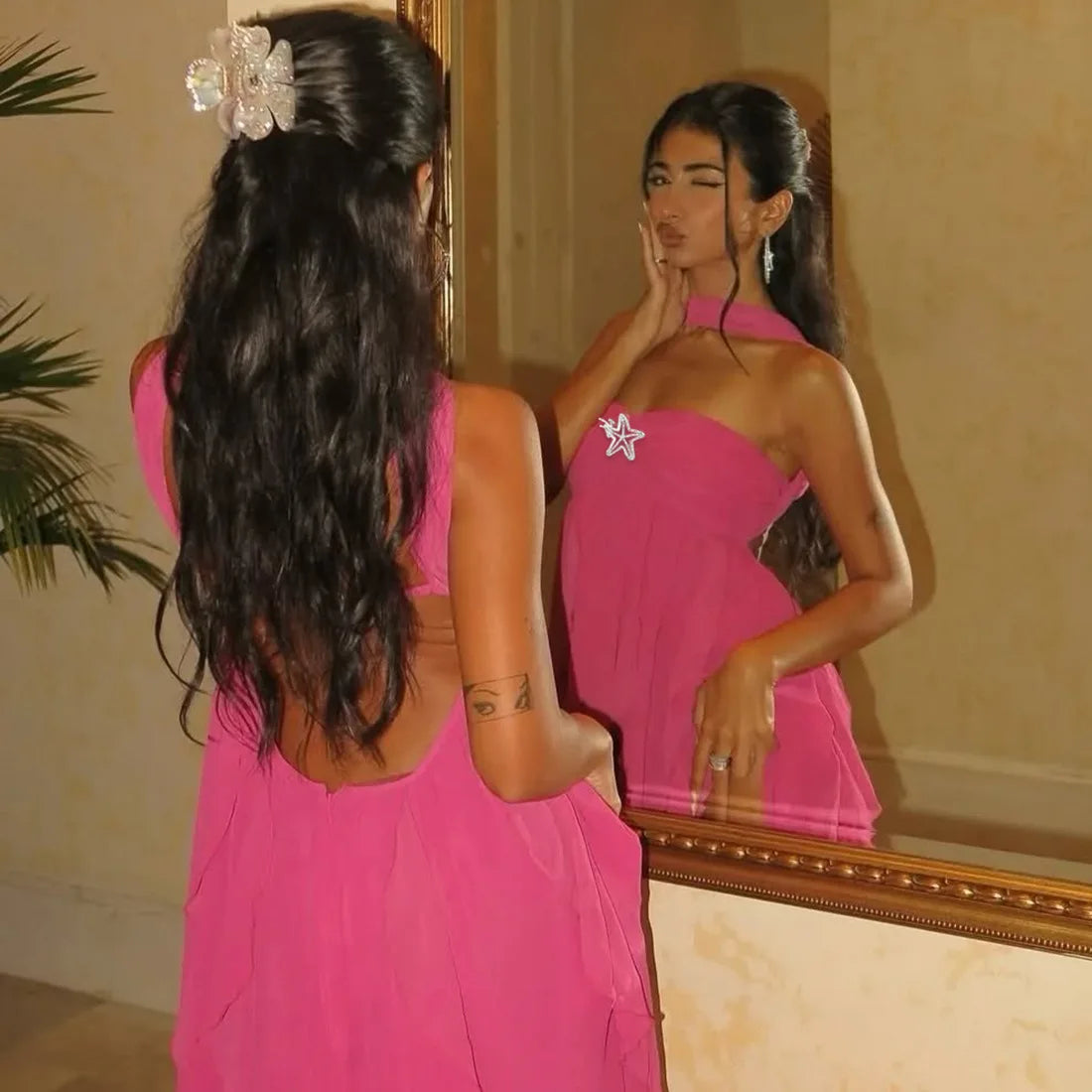 Floral Mesh Backless Strapless Mini Dress