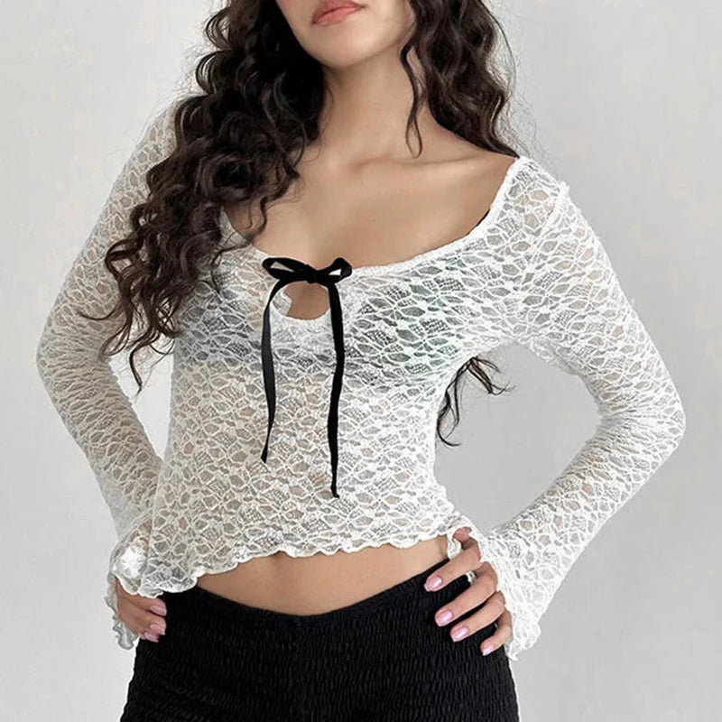Crewneck See-through Lace Tee Shirt Long Sleeve Top