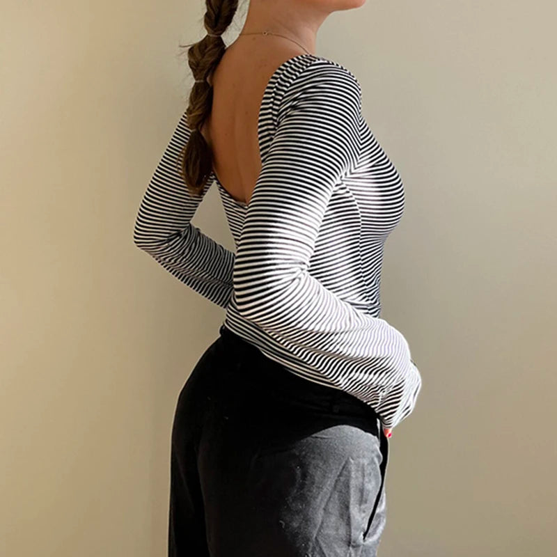 Strip Crewneck Top Backless Long Sleeve Slim Shirt Tee