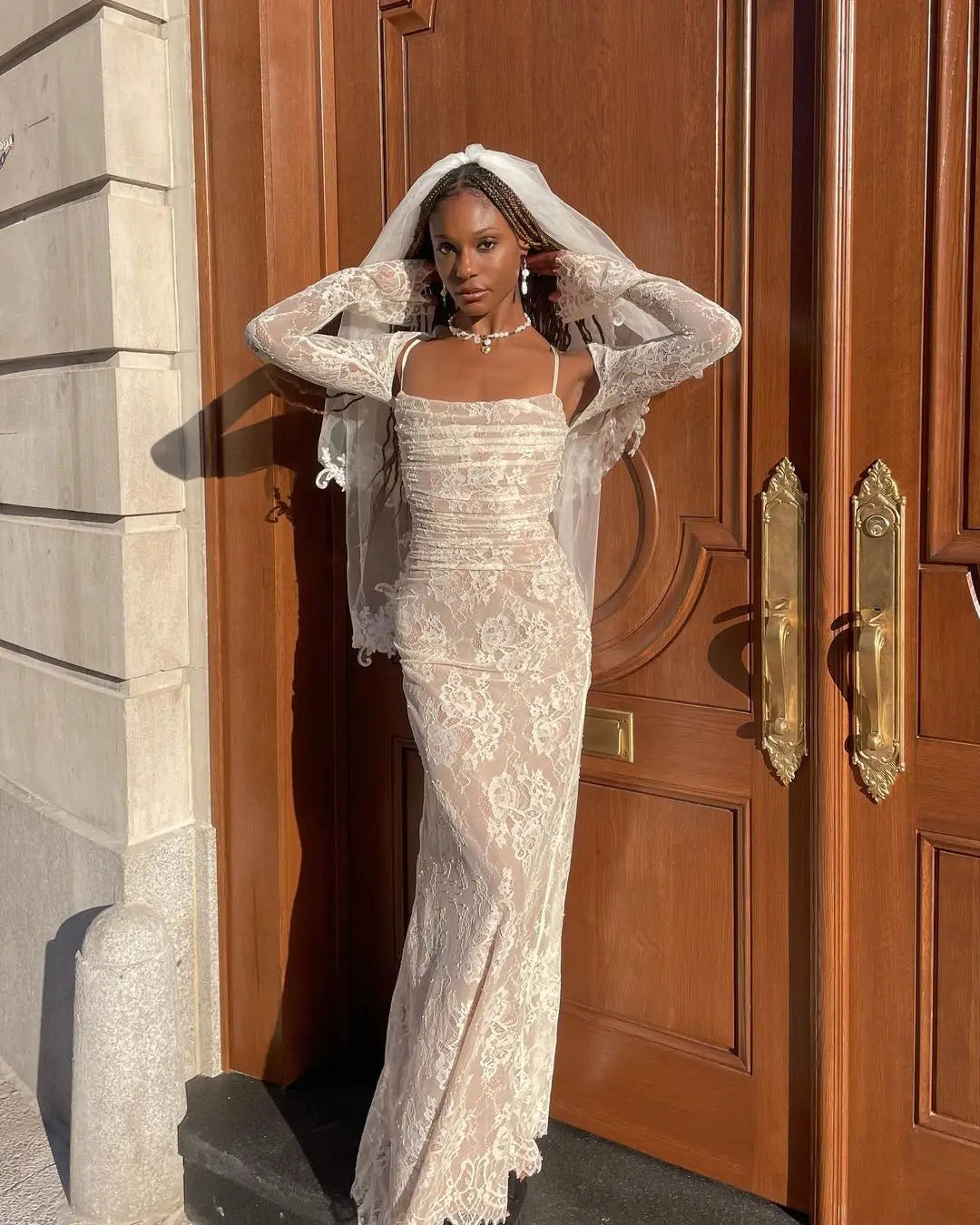 Lace Hollow Out Long Sleeve Two Piece Set