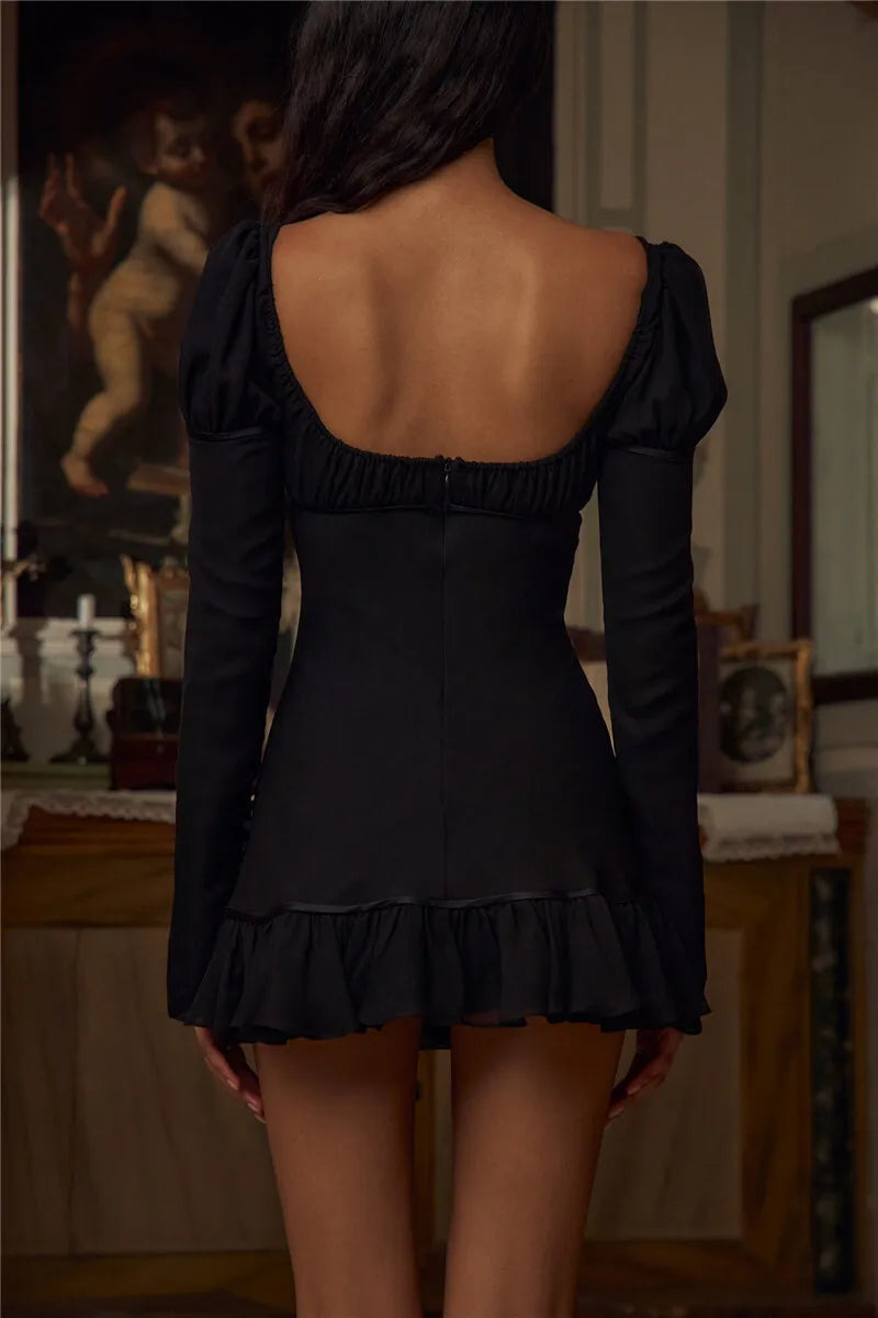 Square Collar Ruffles Chiffon Dress Long Sleeve Lace Up Dress