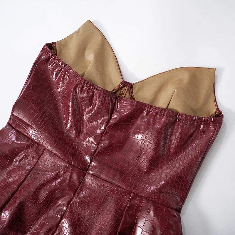 Crocodile Leather Mini Dress V-Neck Sheath Waisted Hip Short Dress