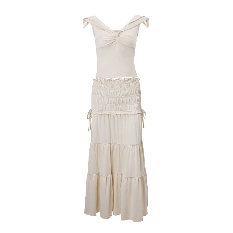 Knit Twist T-Shirt With Slim Ruffle Cake Skirt French Two Piece Set
