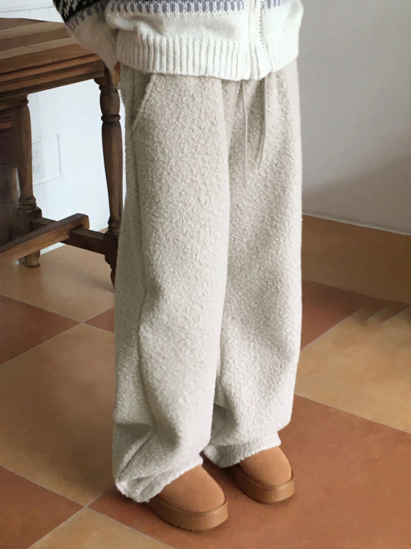 Loose Lamb Wool Trousers Drawstring Wide Leg Pants Pockets Bottoms