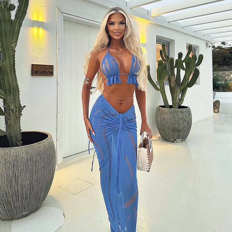 Hollow Mesh Backless Top Drawstring Long Skirt Set