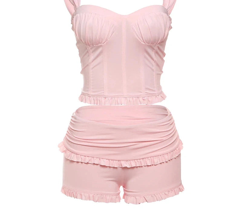 Two Piece Set Ruched Square Collar Sleeveless Crop Top Ruffles Shorts Suits