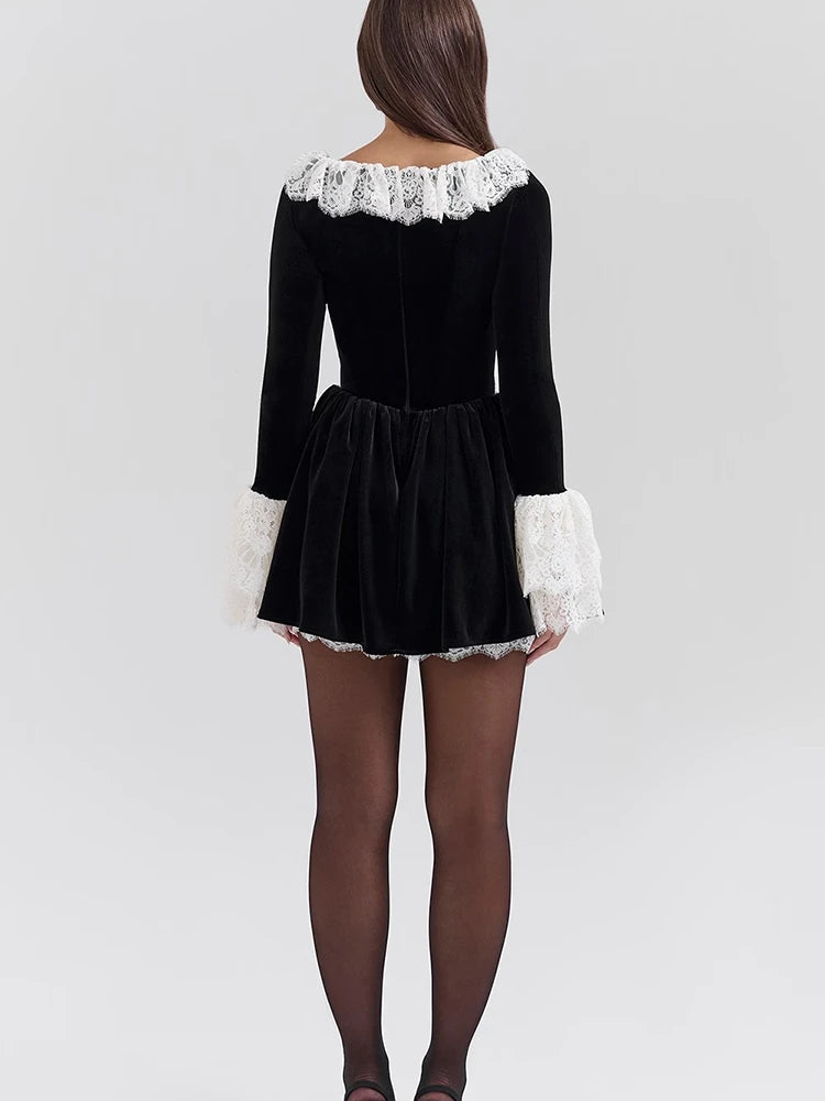 Patchwork Square Collar Lace Dress Black Flare Sleeve French Dress Slim