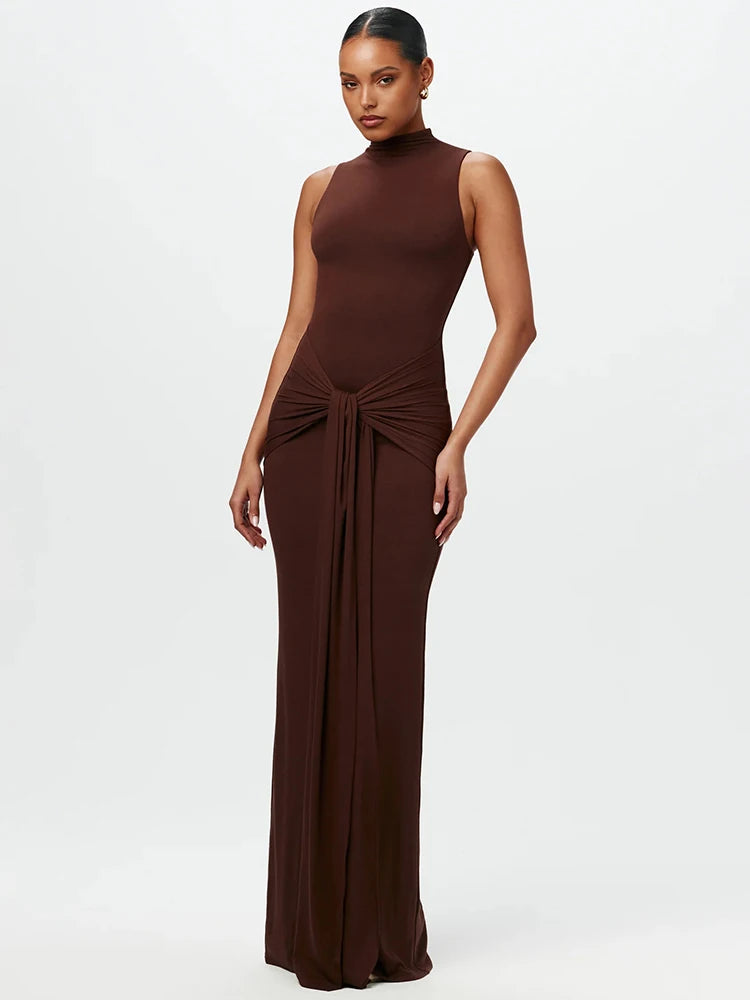 Half High Collar Irregular Tank Dress Sleeveless Bodycon Ruched Long Dress