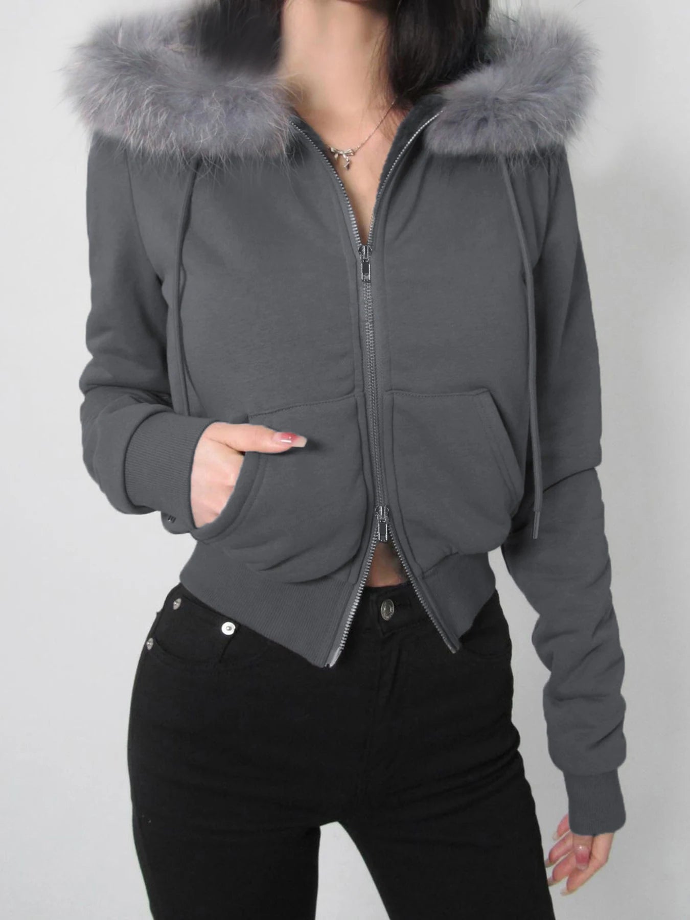 Zip Up Crop Hoodie Coats Camouflage 's Jackets Pockets Fur Neck