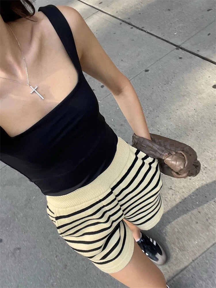 Striped Knit 2 Piece-Set Shorts Zebra ed Cardigan And High Waist Patchwork Shorts Sets Knit