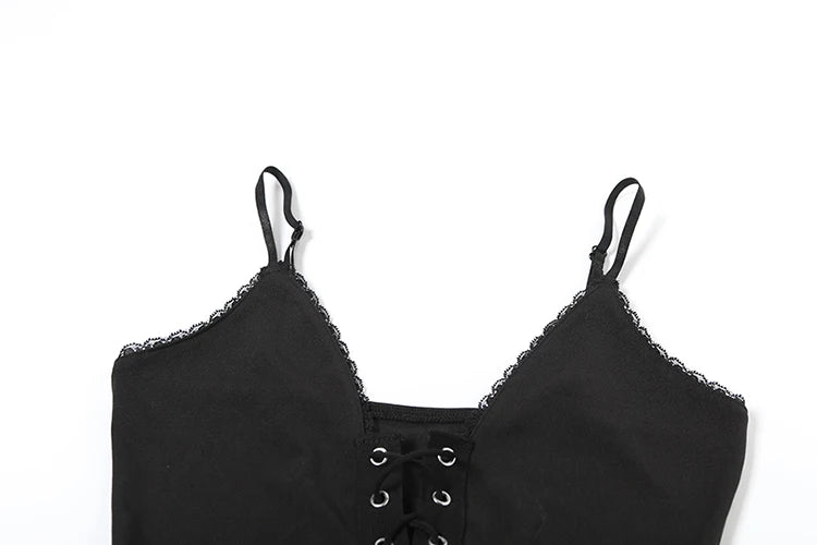 Hollow Metal Rings Dress Lace-Up Cross Backless Lace Edges Tassel Slim Sleeveless Midnight Mini Bodycon