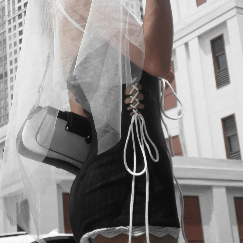 Cross Bandage Patchwork Mini Dress Spaghetti Straps Low-cut Dress