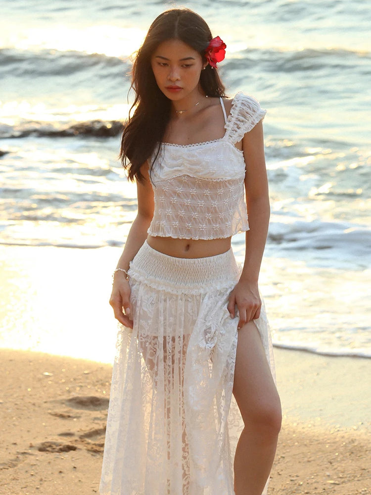 Patchwork Two-Piece Set Lace Crop Top High Slits Skinny Skirt Matching