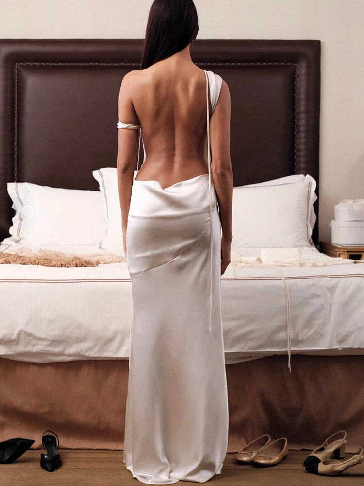 Satin Backless Maxi Dress Apricot Sleeveless Evening Dress Slim