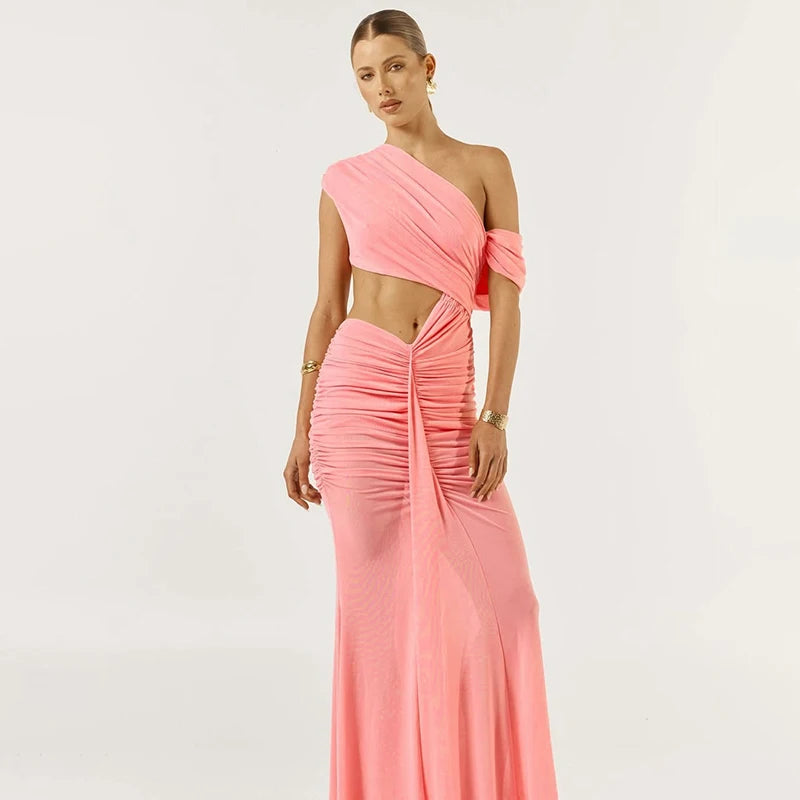 Color Pleated Slant Shoulder Sleeveless Strap Hollow Out Dress Celebrity