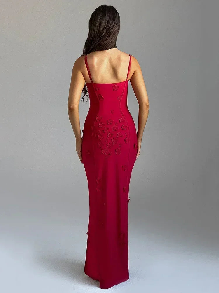 Flower Spaghetti Strap Maxi Dress Off-shoulder Backless Thigh High Split Evening Dress