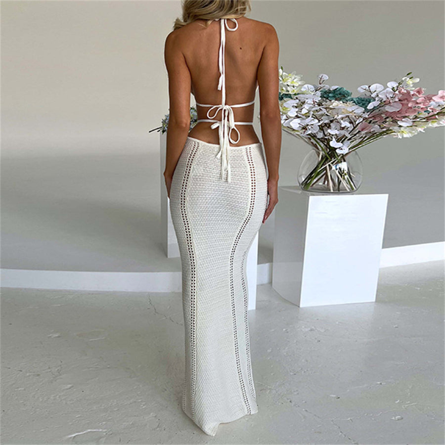 Halter Tie-up Knit Crochet Dress Backless Sleeveless Deep V Cutout Waist Wrapped Bodycon Dress