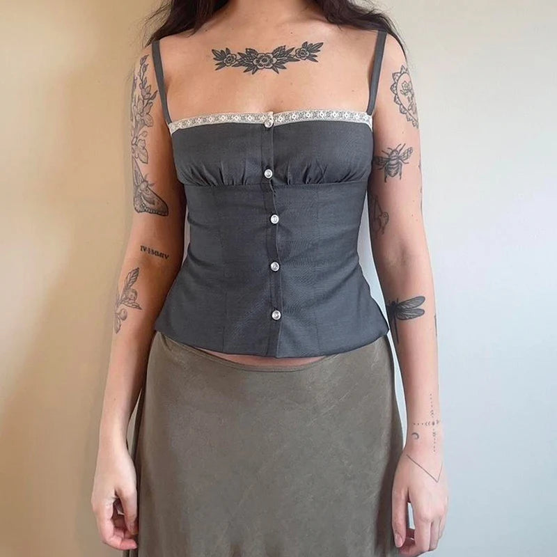 Lace Button Ruffled Slim Camisole Sleeveless Bustiers