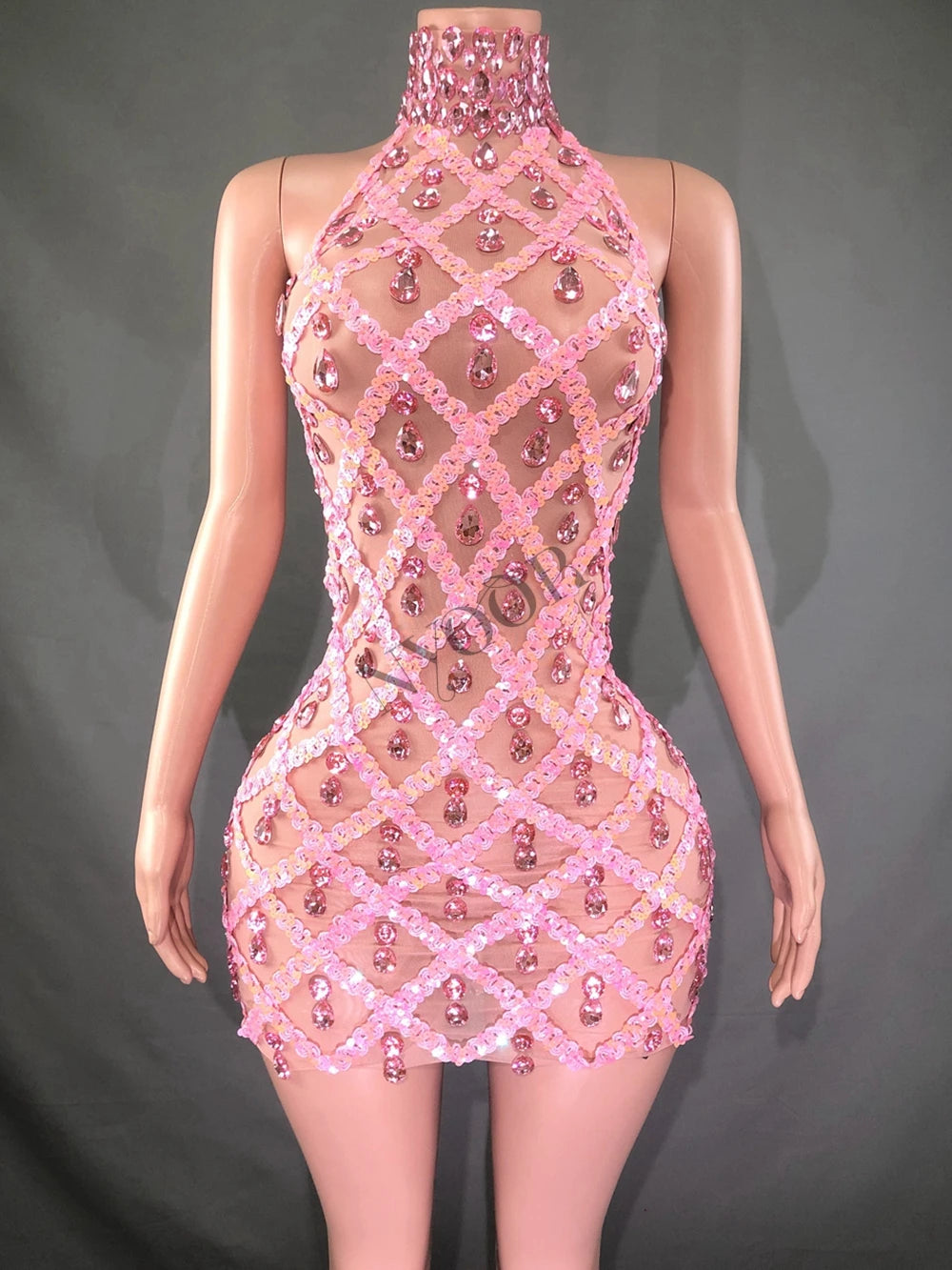 Sparkly Silver Sequins Crystals Short Dress Sleeveless Transparent Birthday Dress Singer Show Wear