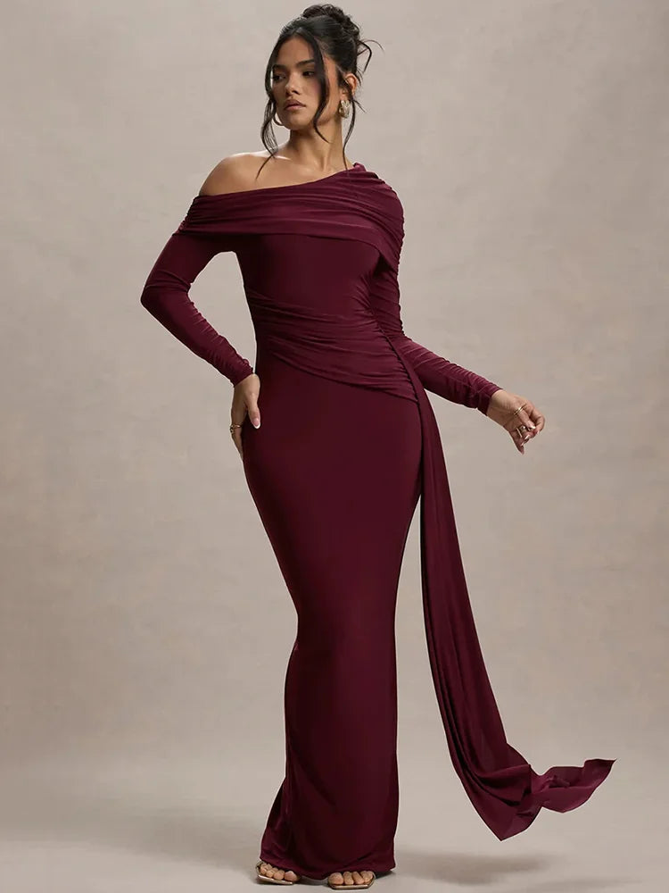 Skew Collar Long Sleeve Maxi Dress Gown Backless Draped Ruched Bodycon Long Dress