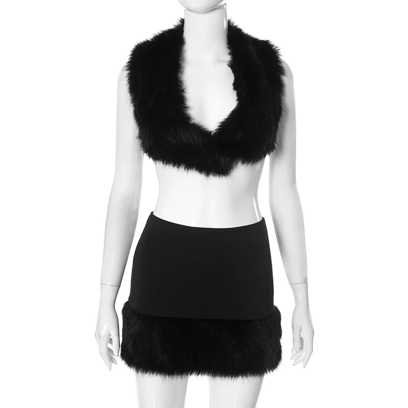 Fur Patchwork Set Deep V Tie Big Backless Fur Top Mini Fur Wrap Hip Skirt Set Evening