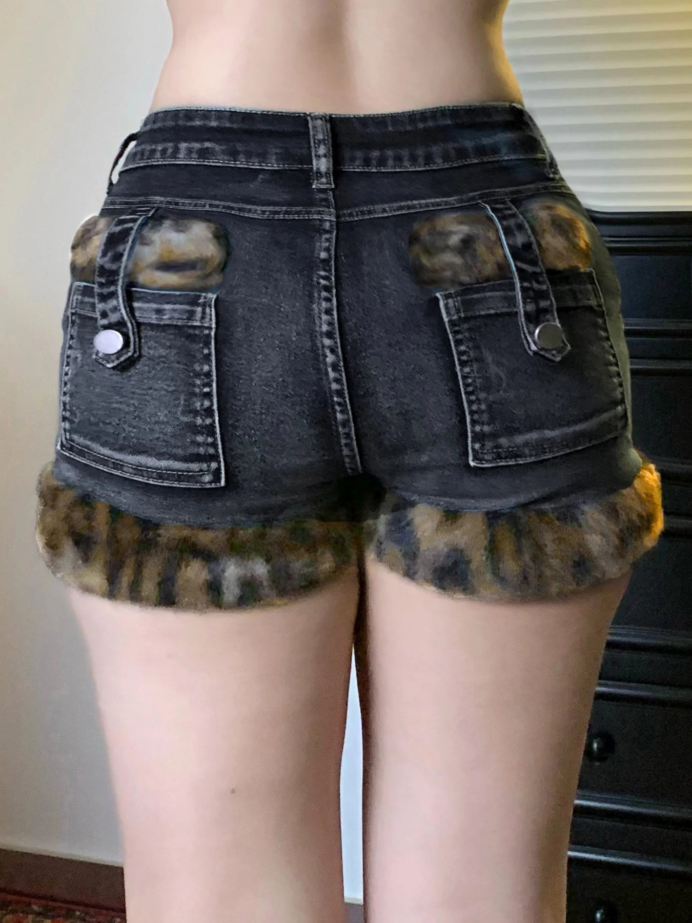 Low Waisted Button Up Mini Shorts Leopard Print Fur Patchwork Bottoms