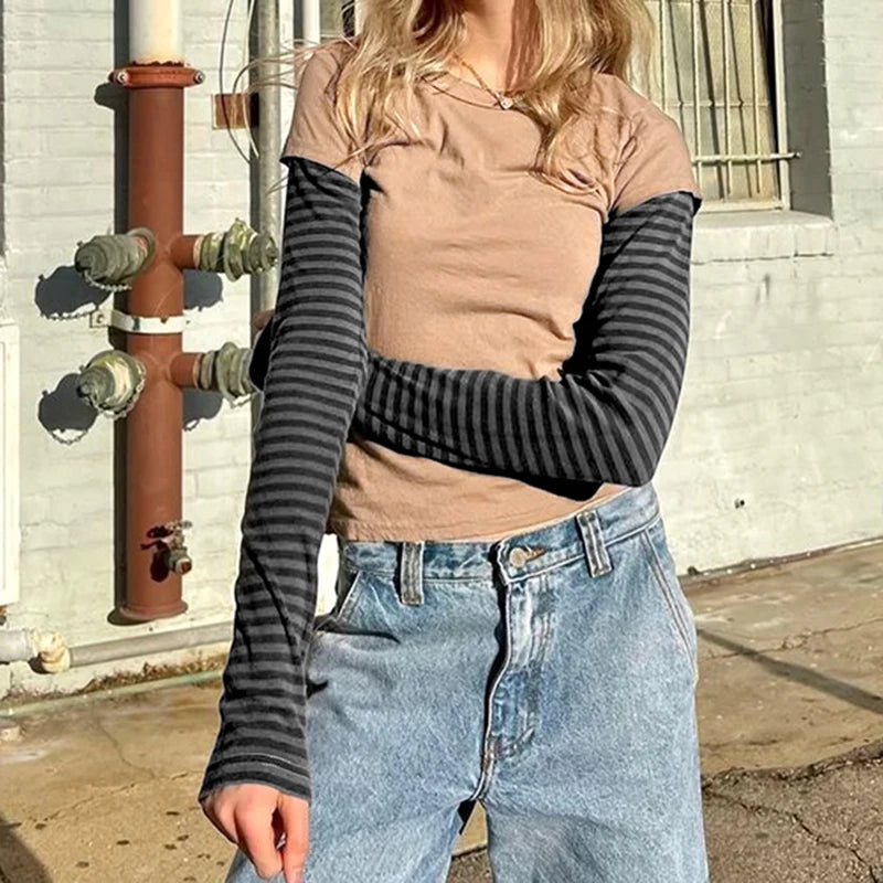 Patchwork Tshirts Crewneck Striped Top Tee
