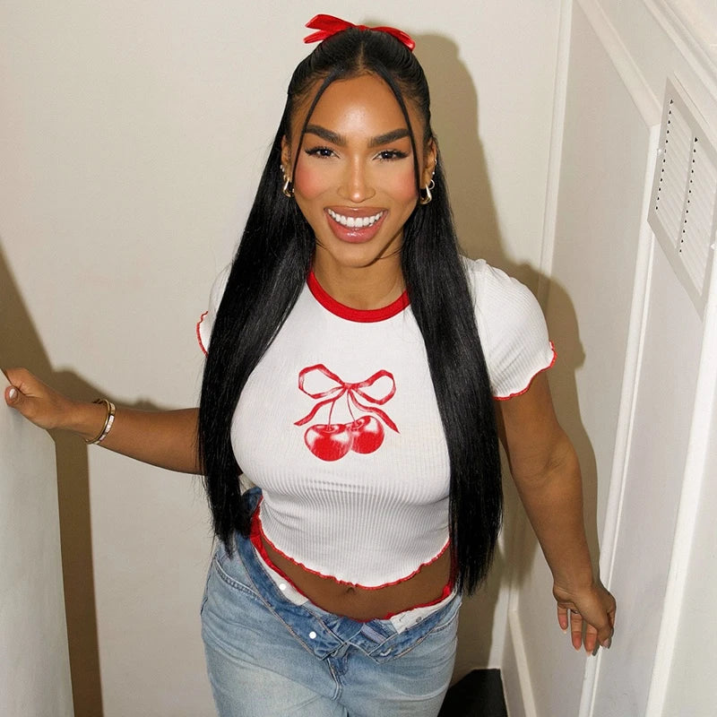 Pullover Round Neck Cherry Colliion Wooden Ear Side Short Sleeve Crop Top
