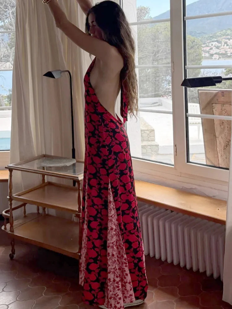 Polka Dot Halter Backless Slim Maxi Dress