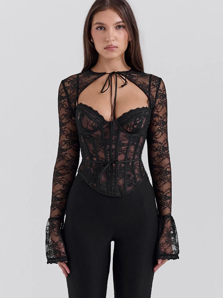 See Through Lace Two Piece Sets Tops Long Sleeve Print Floral Tops