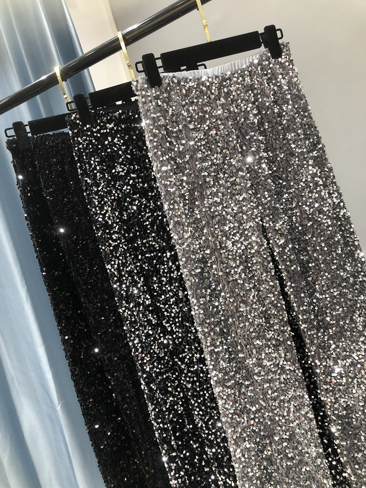 The Trendy Sparkling Gold Pants Relaxation of Tall Waist Wide-legged Pants South Korean