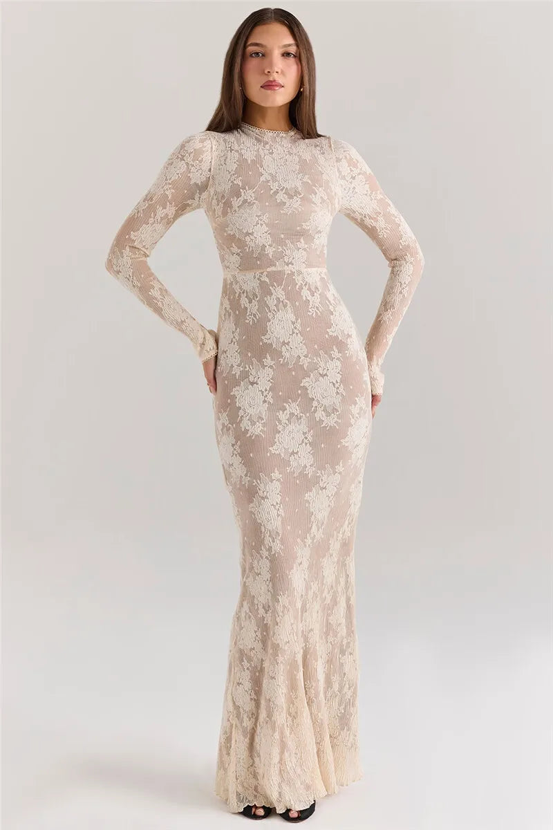 Lace Long Sleeve Maxi Dress White Zipper Half High Collar Bodycon Long Dress