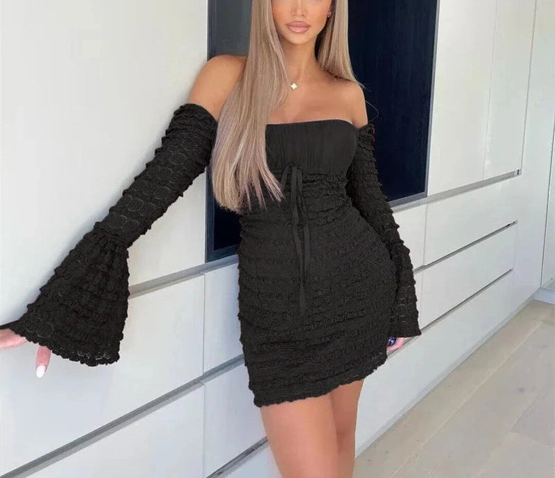 Slim Fitting Backless Low-cut Lace Up Mini Dress Texture Long Sleeve Dress