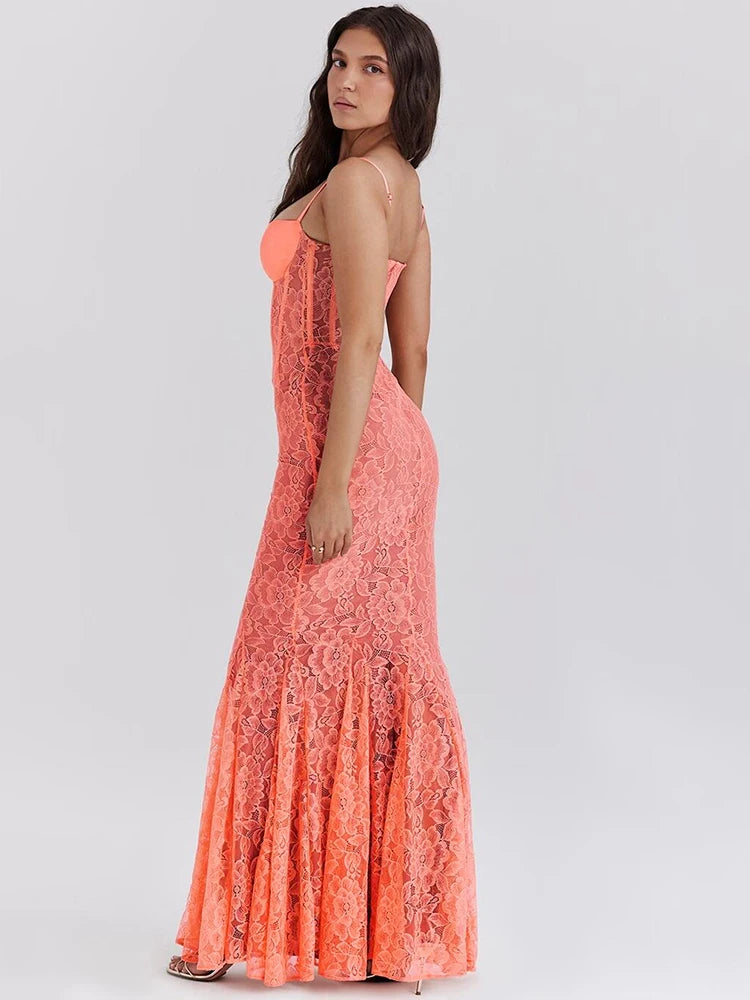 Floral Lace Maxi Dress For Orange Spaghetti Strap Sleeveless Backless Bodycon Long Dress